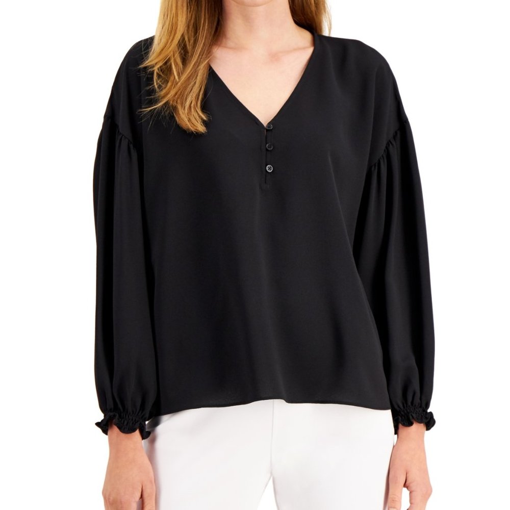 Alfani V-Neck Puff-Sleeve Blouse Deep Black Size Large